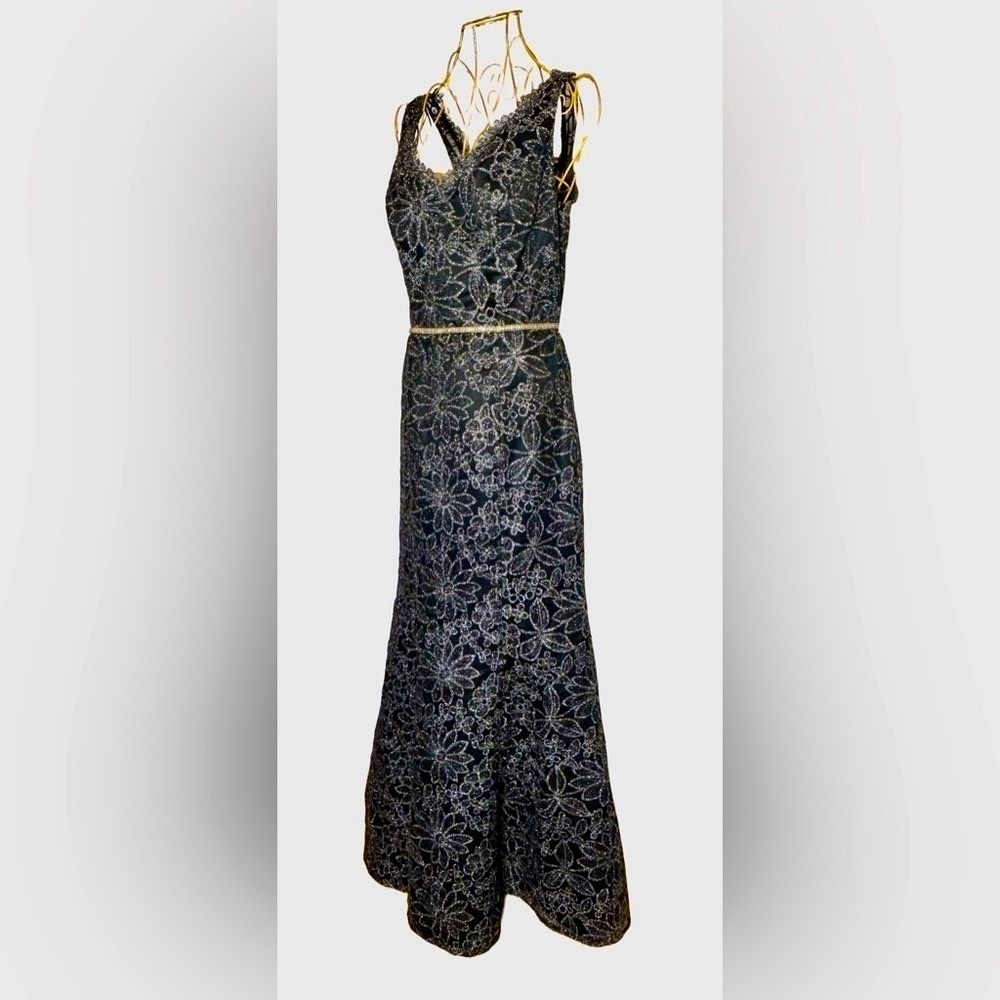 JS Collections Mermaid Black Dress, V-Neck & Shimmery Silver Florals, Large (12)
